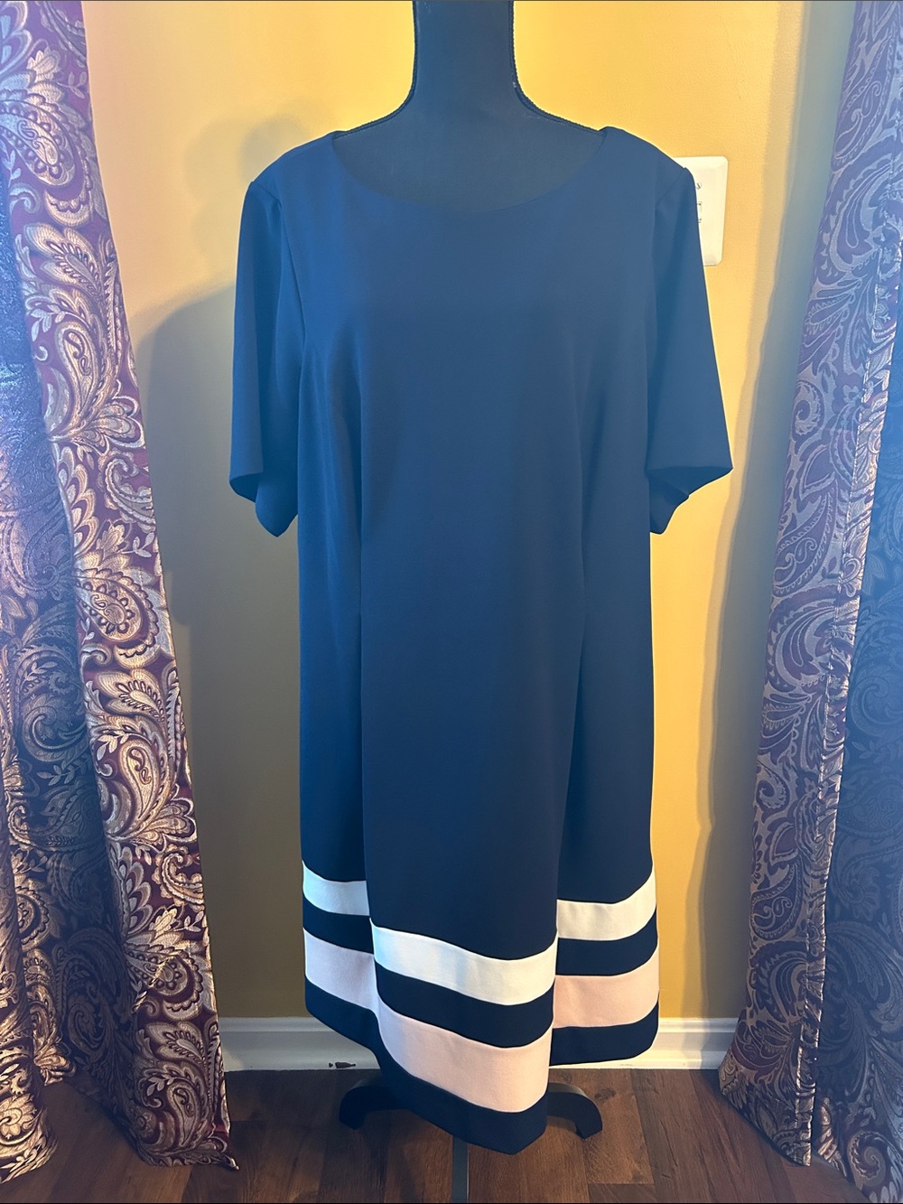 Jessica Howard Navy Shift Dress with White and Light Pink Stripes